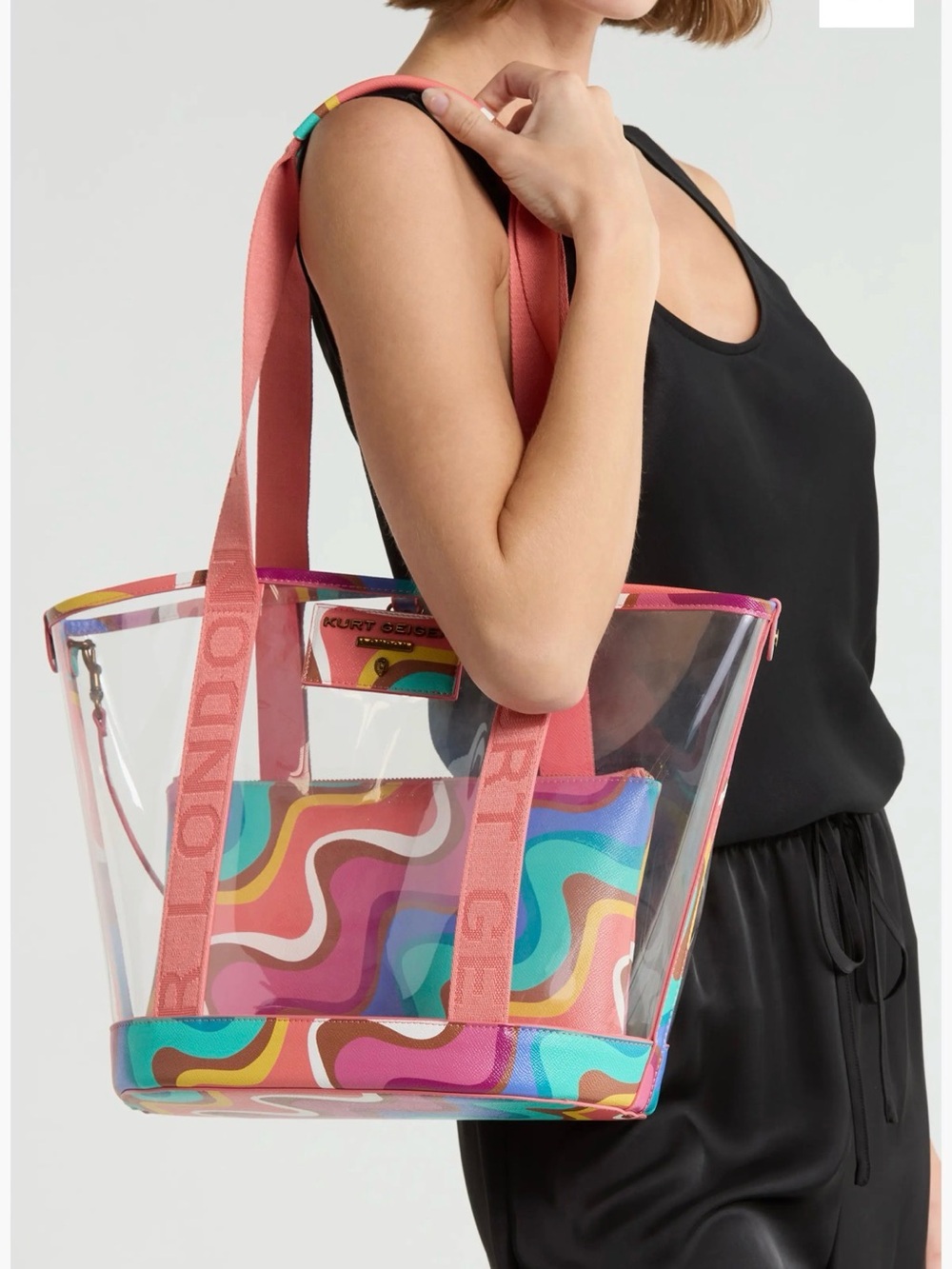 Kurt Geiger Clear Tote with Coral Straps and Colorwave Pouch - Picture 2 of 6